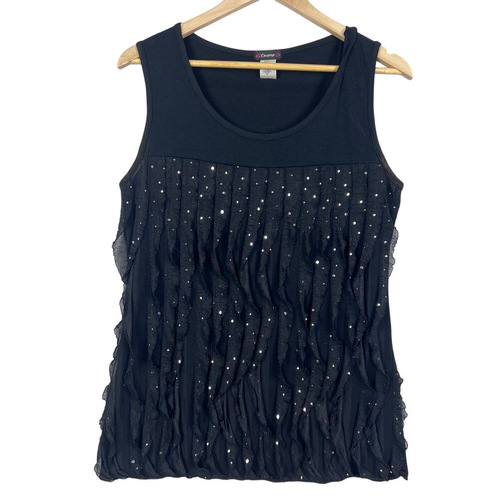 VTG Y2K Cocomo Women's Blouse Ruffle Black Sleeveless Glitter Sparkle M